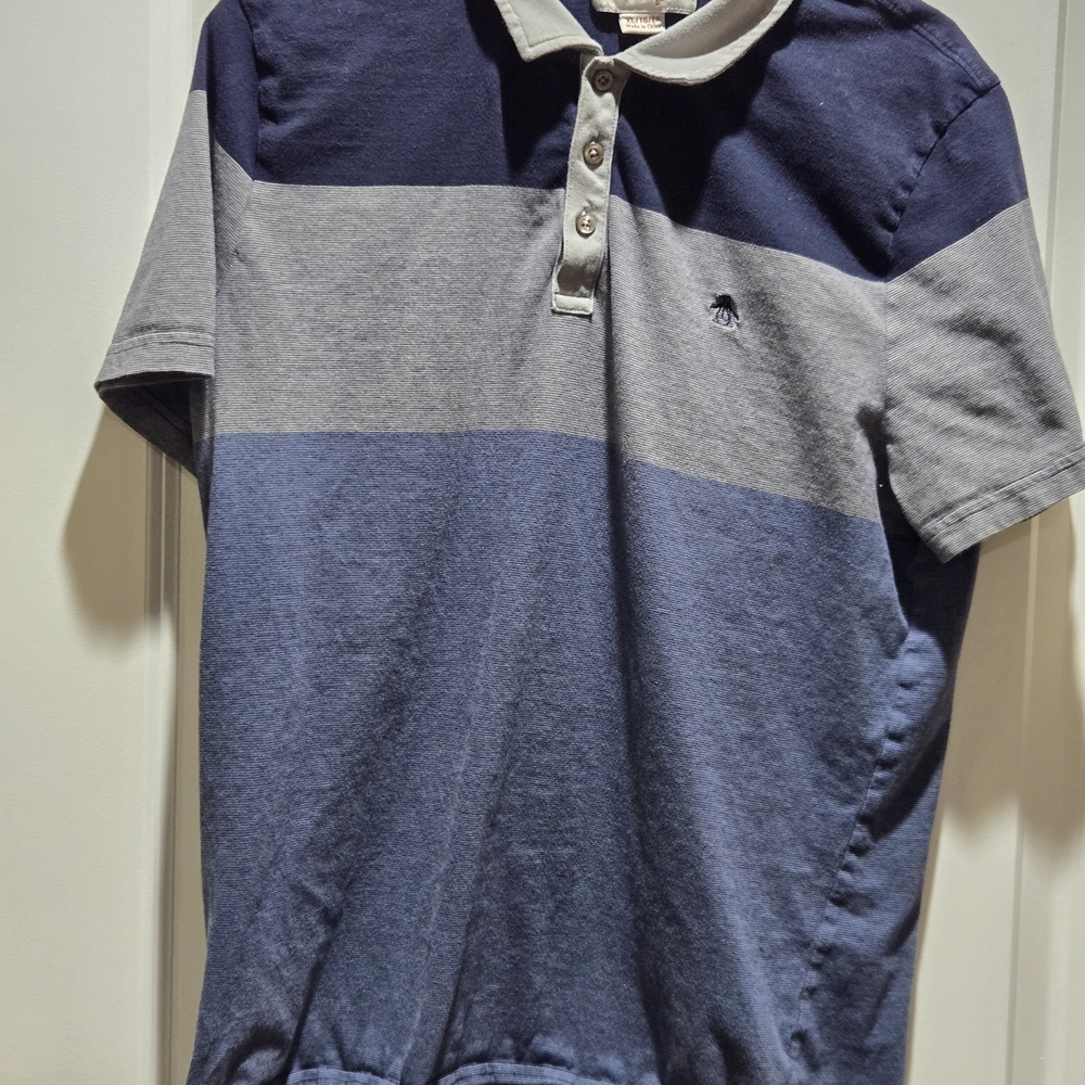 Men's Penguin Blue and Gray Striped Polo Shirt